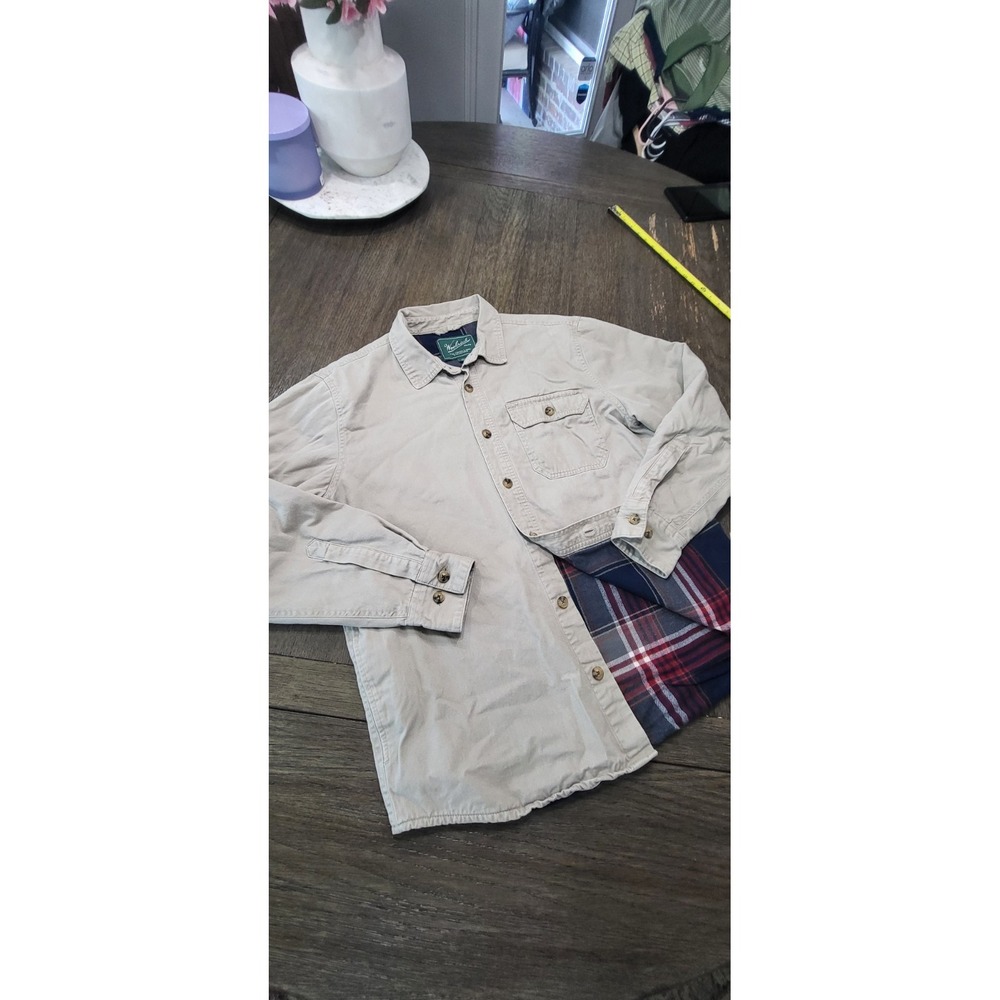 Woolrich Jacket Mens Medium Tan Beige Flannel Lined Button Up Shirt Pockets Warm